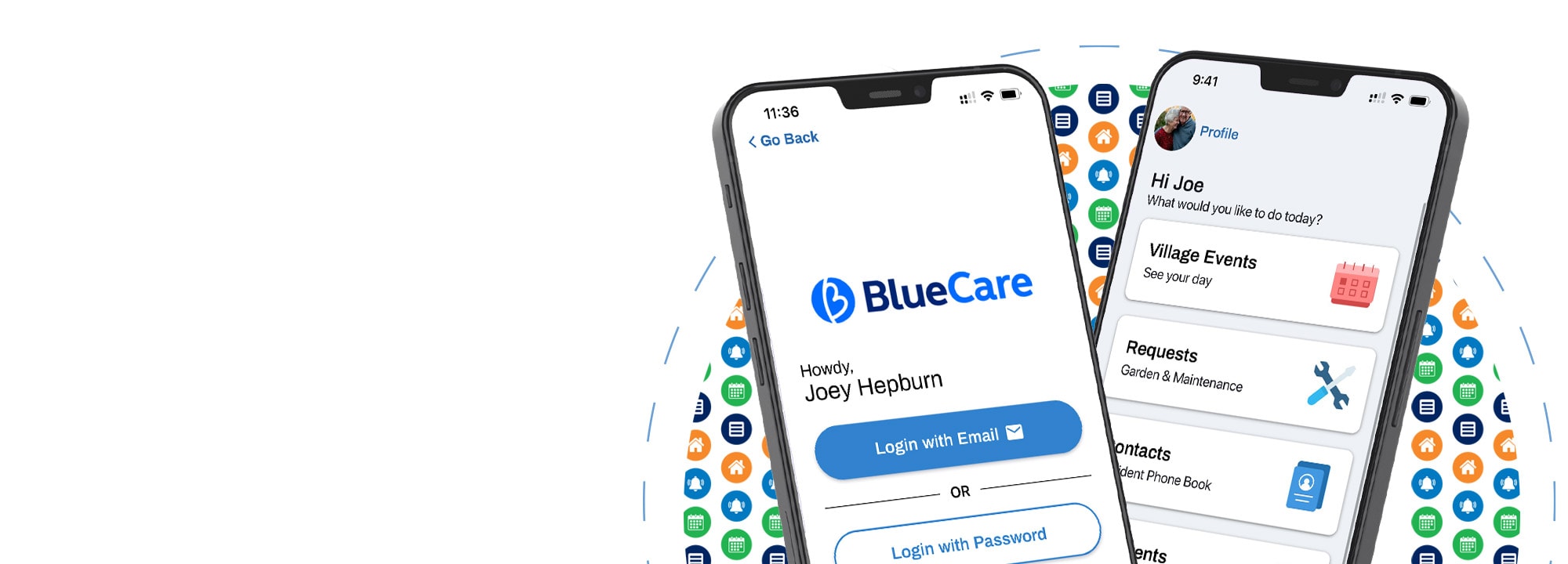 Mobile phones with screenshot of the app login and home screen