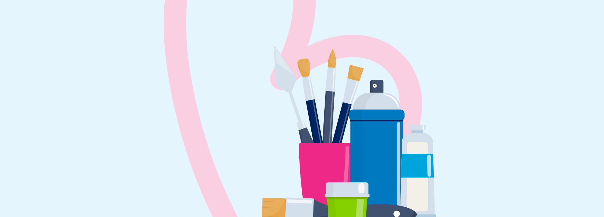 Light blue background with art supplies in the foreground right hand side