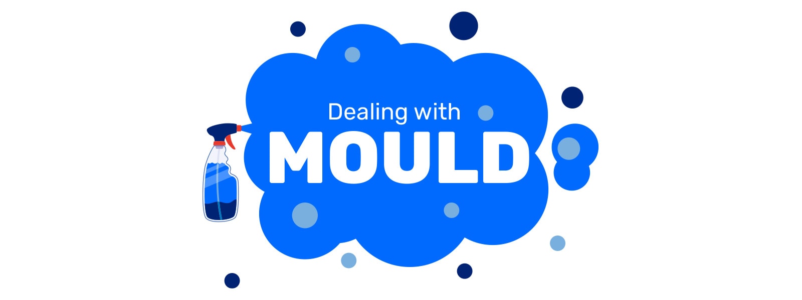 Image of a spray bottle splash with text dealing ith mould in white